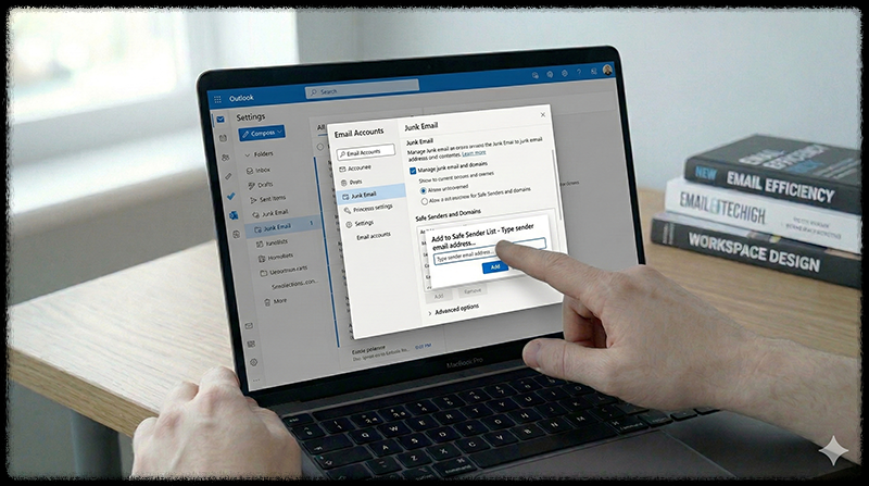 메일 설정에서 발신자를 허용 목록에 추가하는 모습