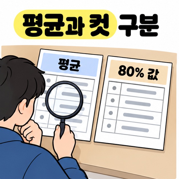 평균과 80% 값이 적힌 두 자료를 나란히 놓고 돋보기로 성적 지표를 구분하는 모습