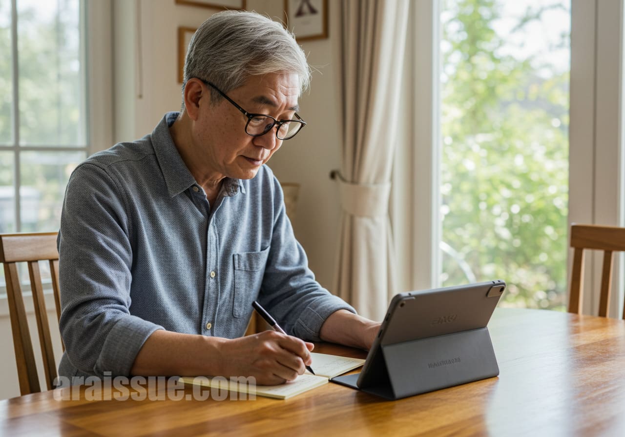 건강 기록을 보며 보험을 준비하는 60대 남성