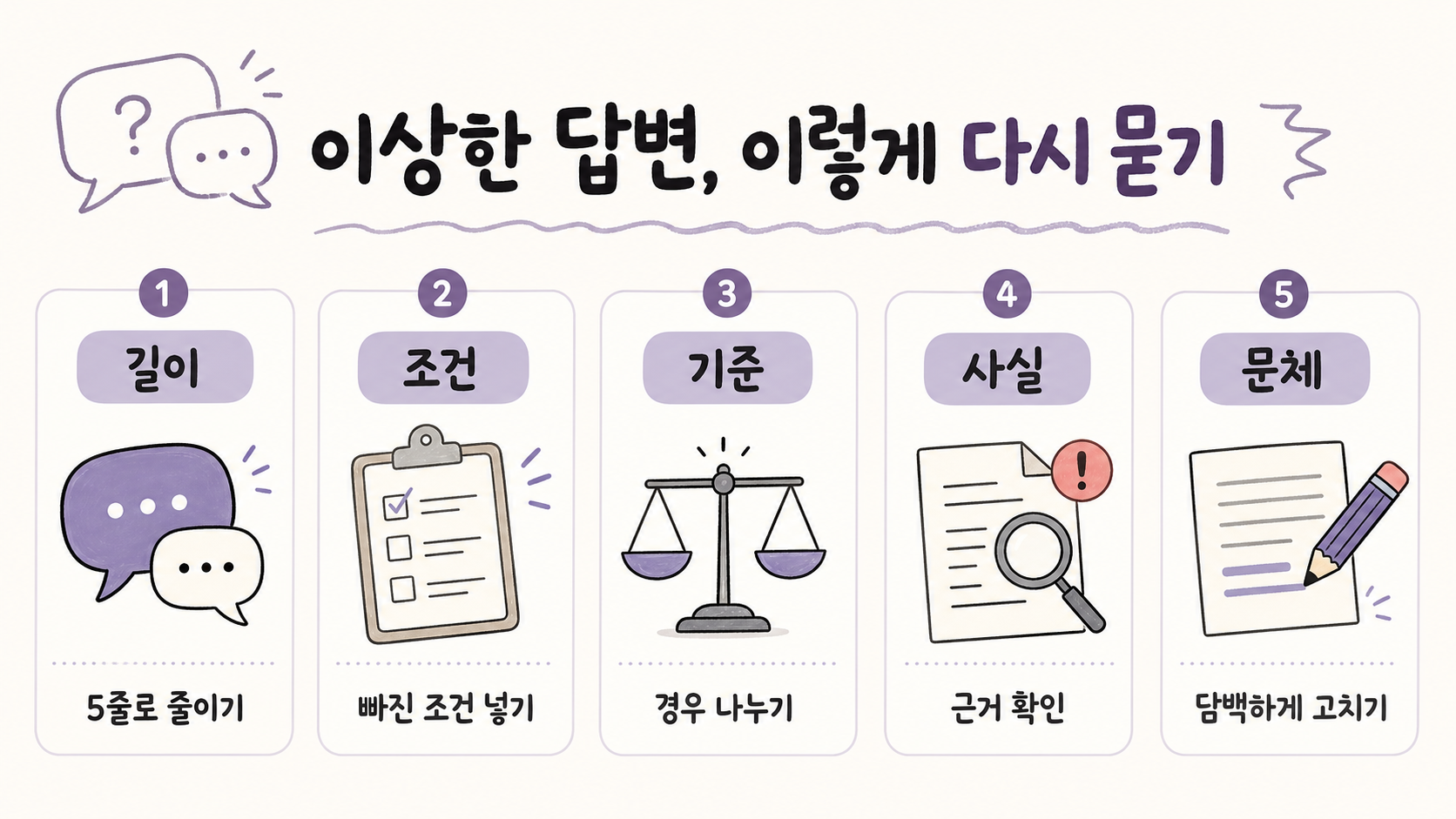 ChatGPT 답변 수정 요청 문장을 길이 조건 판단 기준 사실 확인 문체로 나눈 카드형 인포그래픽