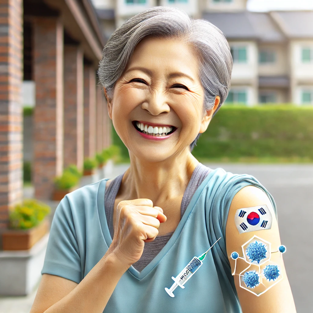 폐렴 예방접종을 받은 후 건강하고 활기찬 한국인 노인. 면역력이 강화되어 야외에서 가벼운 운동을 즐기는 모습