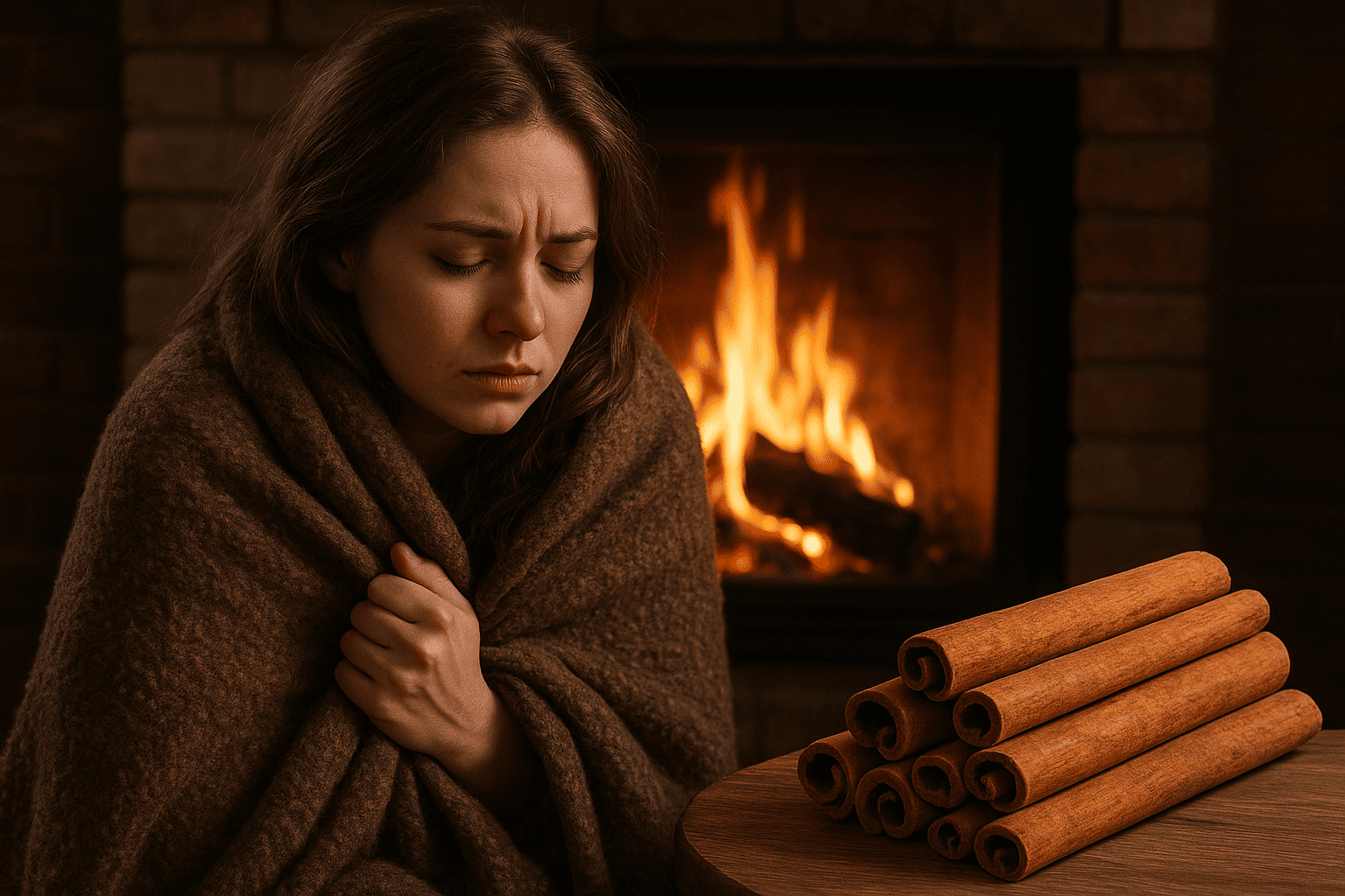 손발이 차고 추위를 잘 타는 여성 앞에 실론 시나몬이 천연난로 역할을 하는 이미지