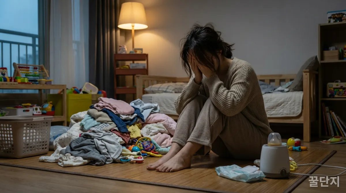 육아 스트레스로 인해 힘들어하는 한국 엄마의 모습