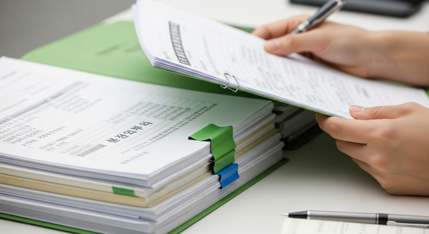 화성시 가다실 9가 지원 신청에 필요한 주민등록등본, 신청서 등 공식 서류가 깔끔하게 정리되어 있는 모습입니다.