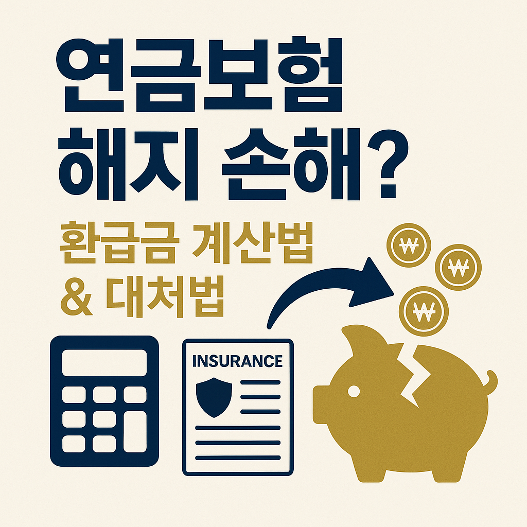연금보험 해지 시 환급금 계산법과 대처법을 알려주는 썸네일: 계산기 아이콘, 보험 증서 문서, 깨진 돼지저금통에서 동전이 반환되는 그래픽과 함께 ‘연금보험 해지 손해?’ ‘환급금 계산법 &amp; 대처법’ 텍스트 포함