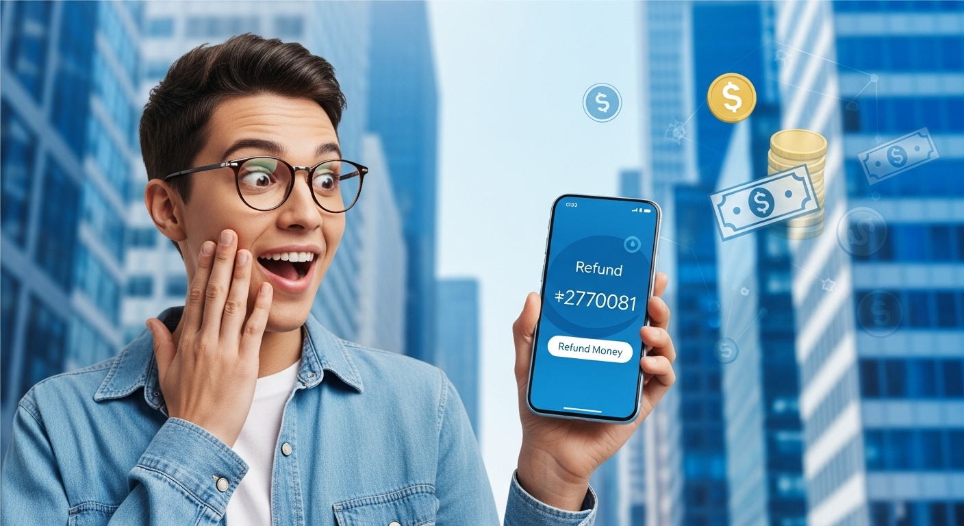 스마트폰으로 숨은 환급금을 찾아 기뻐하는 사람, 파란색 계열의 현대적인 배경