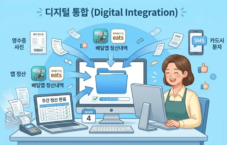 현금거래 많은 업종 장부정리: 매주 흩어진 영수증 사진, 배달앱 정산 내역, 카드사 입금 문자 등의 증빙 데이터를 디지털 폴더로 깔끔하게 통합하여 관리하는 모습을 담은 이미지. 밝은 파란색 배경에 다양한 형식의 데이터가 정리되어 디지털 시스템으로 빨려 들어가는 과정을 표현한 블로그 보조 이미지