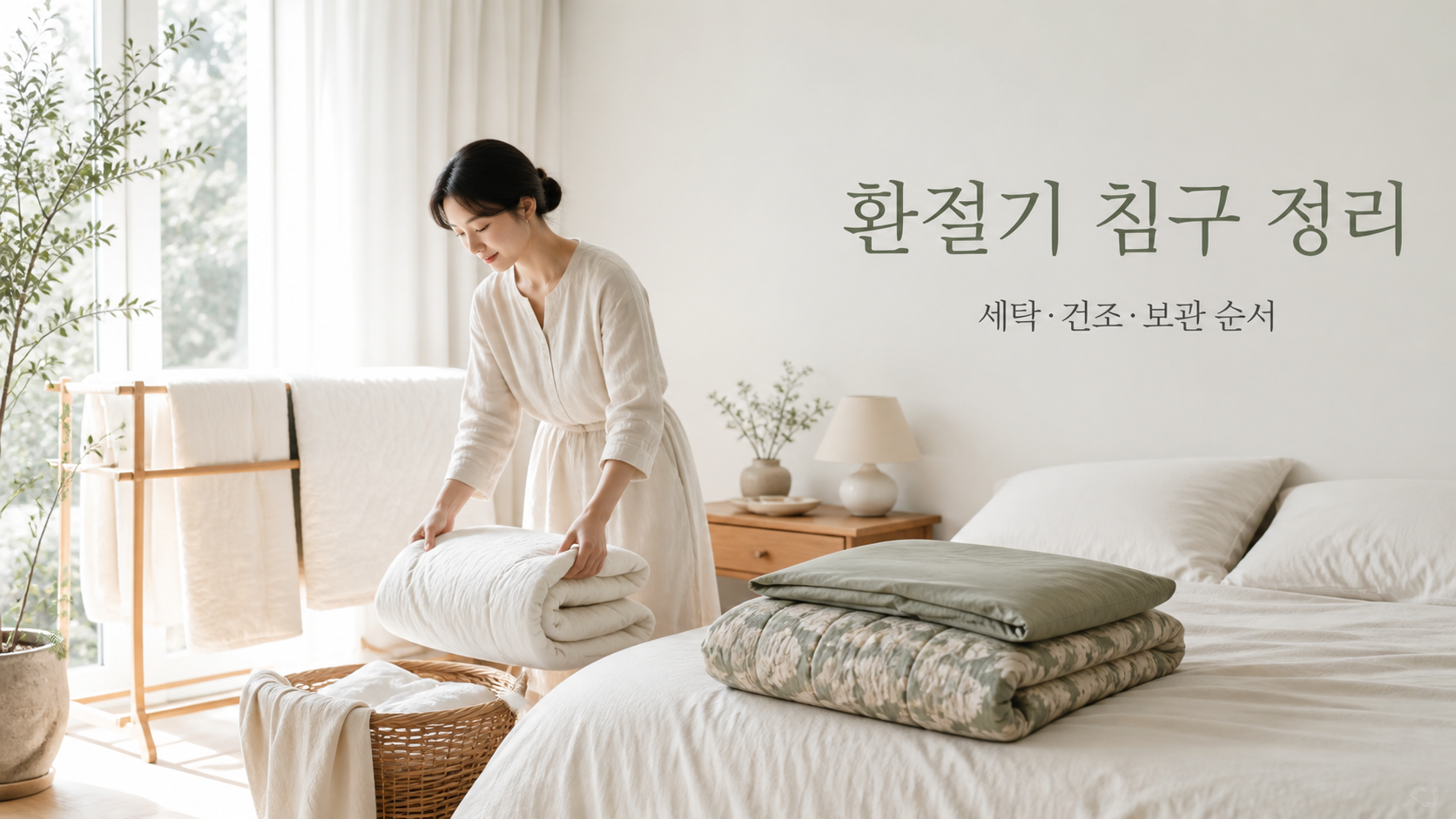 햇빛 드는 침실에서 여름 이불을 접고 가을 침구를 준비하는 모습