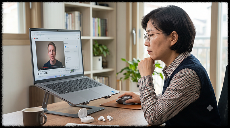 Bluetooth 이어폰 연결을 끊고 노트북 스피커로 유튜브 소리 지연을 비교하는 모습