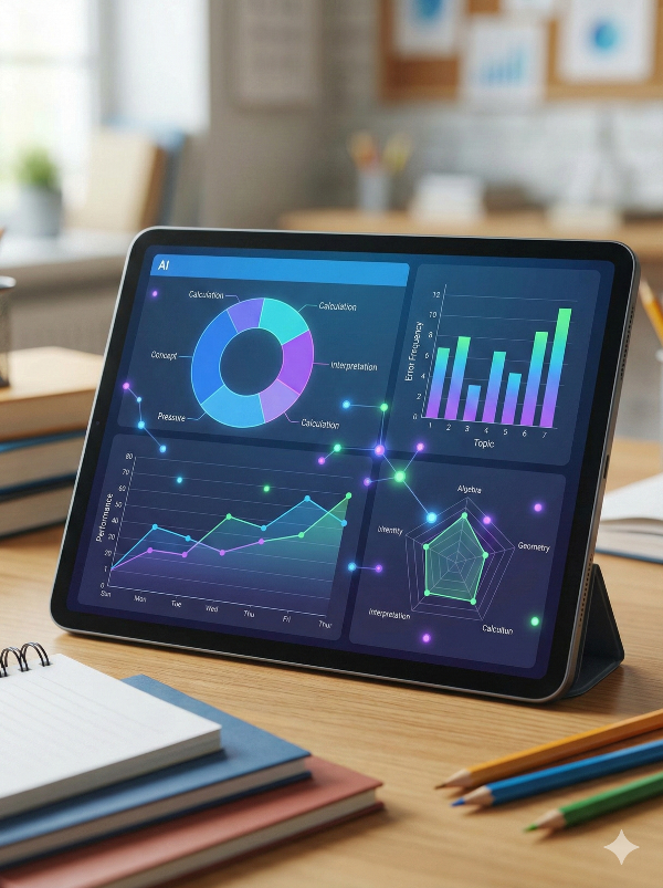 나무 책상 위에 놓인 태블릿 PC 화면에 AI가 분석한 수학 학습 데이터가 원형 차트, 막대그래프, 꺾은선 그래프 등 다양한 시각 자료로 표시되어 있는 이미지. 화면은 어두운 배경에 네온 색상의 그래프로 하이테크적인 느낌을 주며, 주변에는 공책과 연필이 놓여 있어 스마트한 학습 환경을 묘사하고 있습니다.