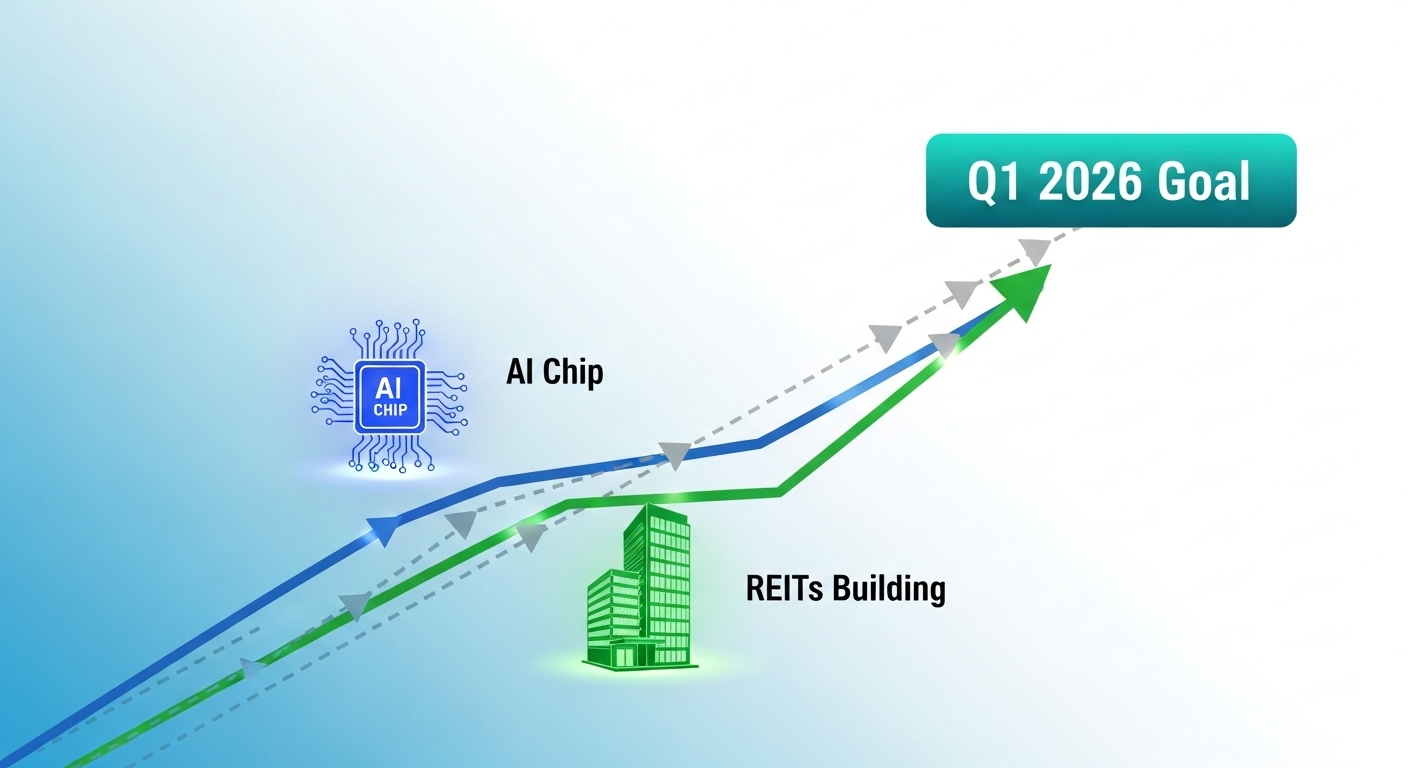2026년 1분기 목표가 설정된 다이어그램. AI와 리츠가 쌍두마차처럼 상승하는 모습