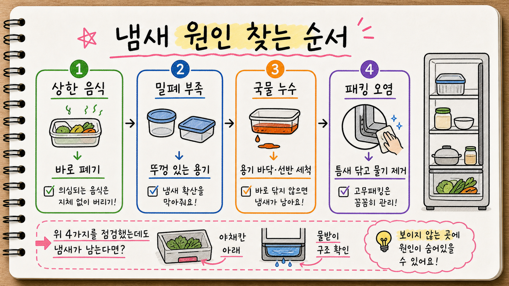 냉장고 냄새 원인을 상한 음식 밀폐 부족 국물 누수 패킹 오염 순서로 찾는 가로형 카드