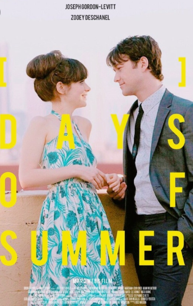 영화 500일의 썸머 포스터 남여 주인공이 난간에 기대어 서로를 사랑스럽게 바라보고 있다.