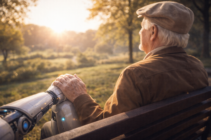 인간과 로봇이 동반자로서 공존하는 미래의 조화로운 모습.