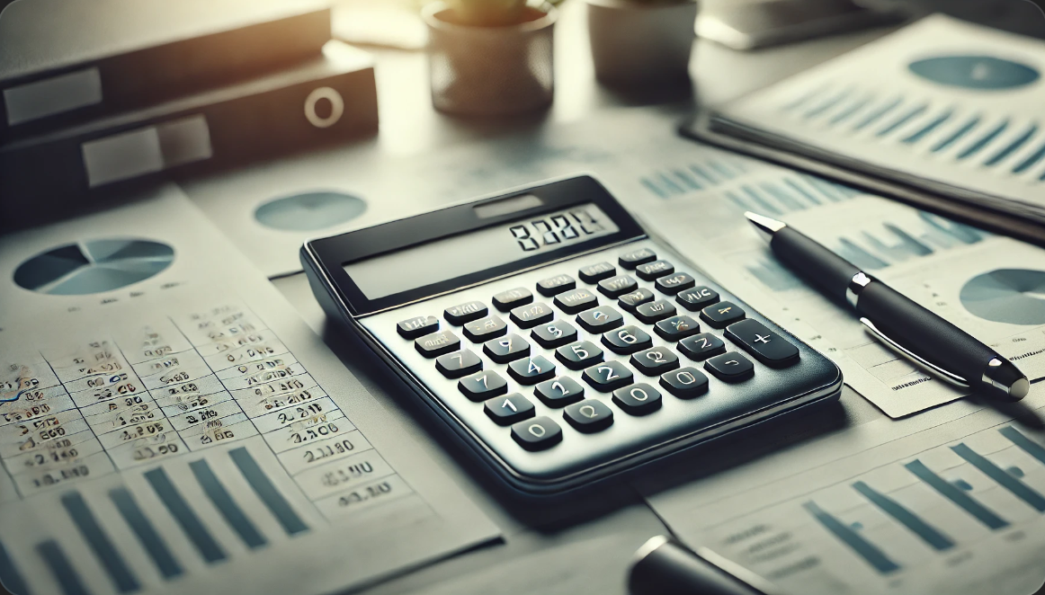 사무실 환경에서 M+, MRC, MU 버튼이 보이는 현대 전자 계산기.