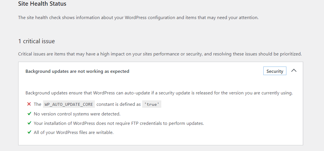 워드프레스 사이트 건강에서 WP_AUTO_UPDATE_CORE 관련 경고가 표시되는 경우