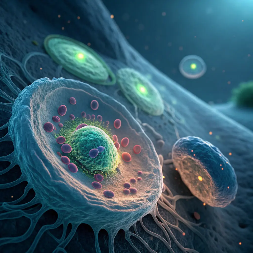 세포 내부에서 손상된 단백질을 제거하는 오토파지 과정을 묘사한 과학적 일러스트