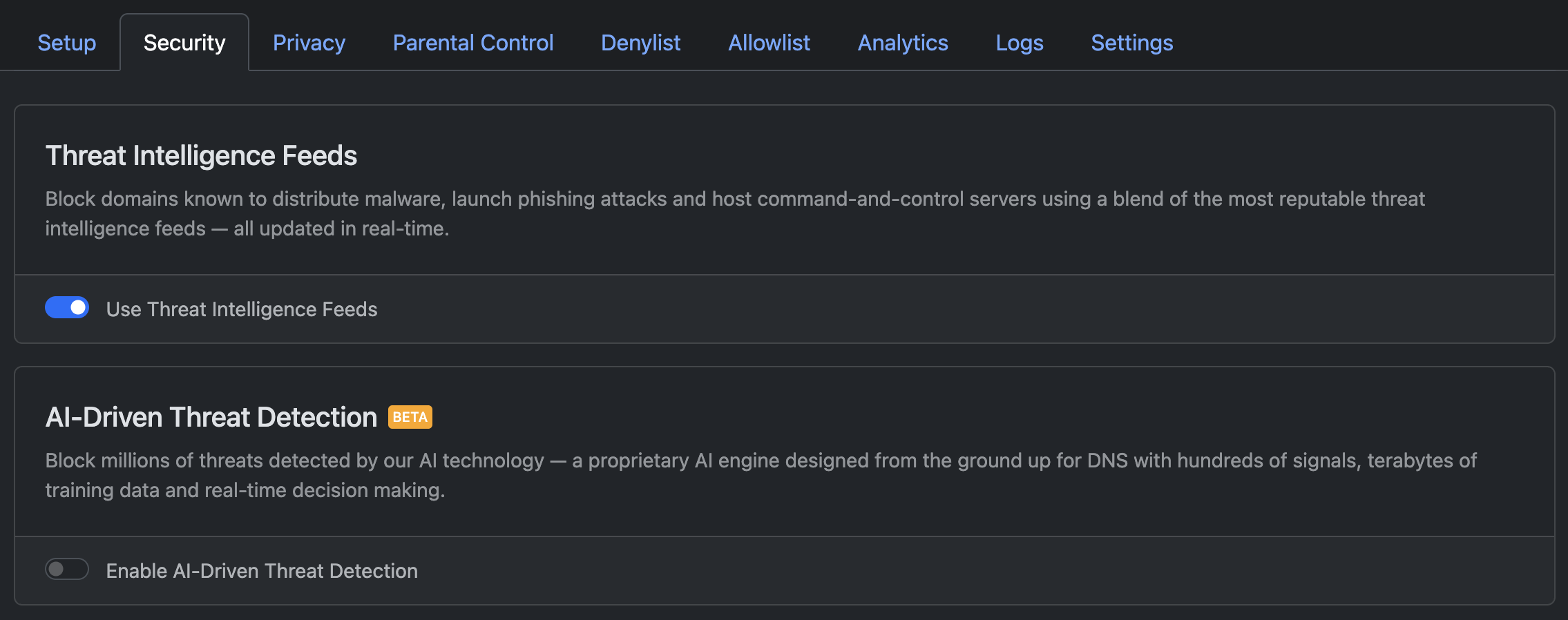 NextDNS Security 탭
