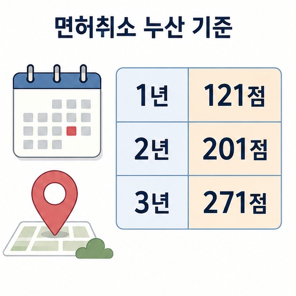 운전면허 취소 기준인 1년 121점, 2년 201점, 3년 271점의 누산점수를 기간별로 정리한 이미지
