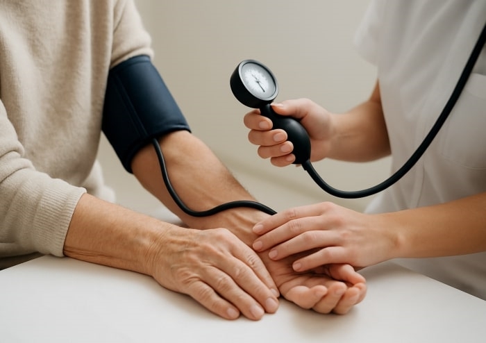 간호사가 시니어 환자의 혈압을 측정하는 모습 via canva