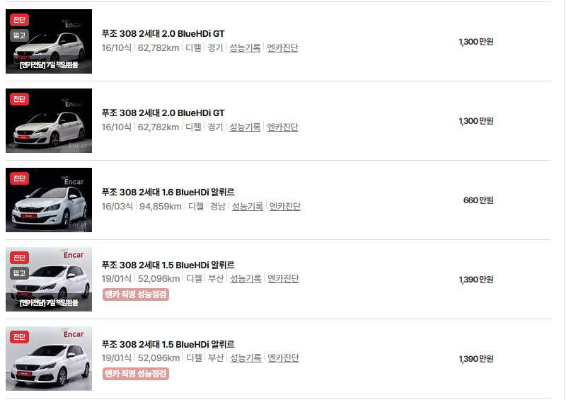 푸조 308 중고차 가격 시세표 유지비