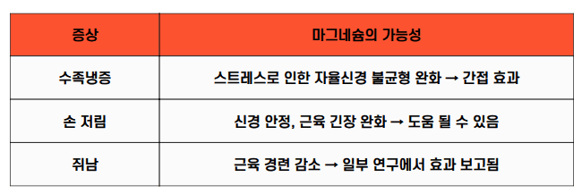 수족냉증, 손 저림, 쥐남 증상에 대해 마그네슘의 작용 가능성을 정리한 표. 수족냉증은 스트레스로 인한 자율신경 불균형 완화에 의한 간접 효과, 손 저림은 신경 안정 및 근육 긴장 완화로 도움 가능, 쥐남은 근육 경련 감소에 일부 연구에서 효과 보고됨.