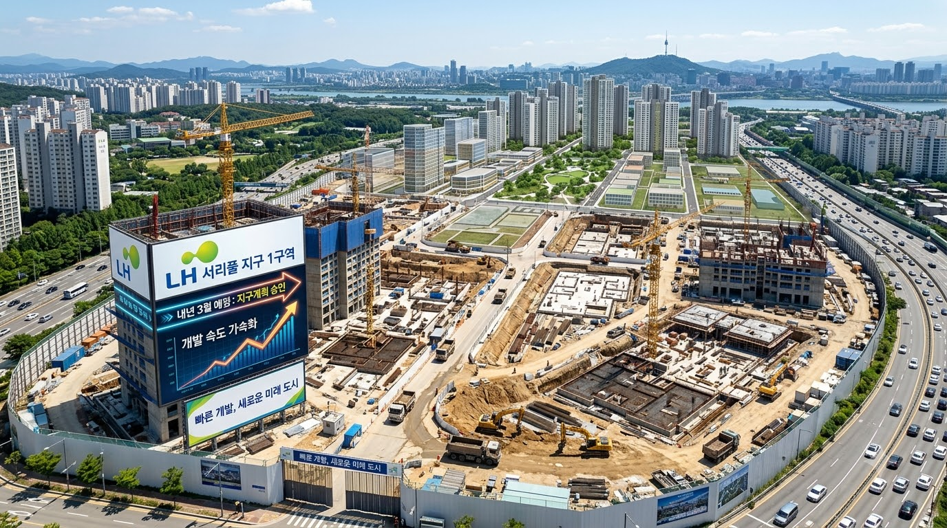 LH 서리풀1지구 조감도 및 내년 3월 지구계획 승인 개발 속도를 나타내는 대표 이미지