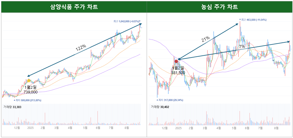 삼양식품vs농심 2025년 주가 차트 흐름 비교