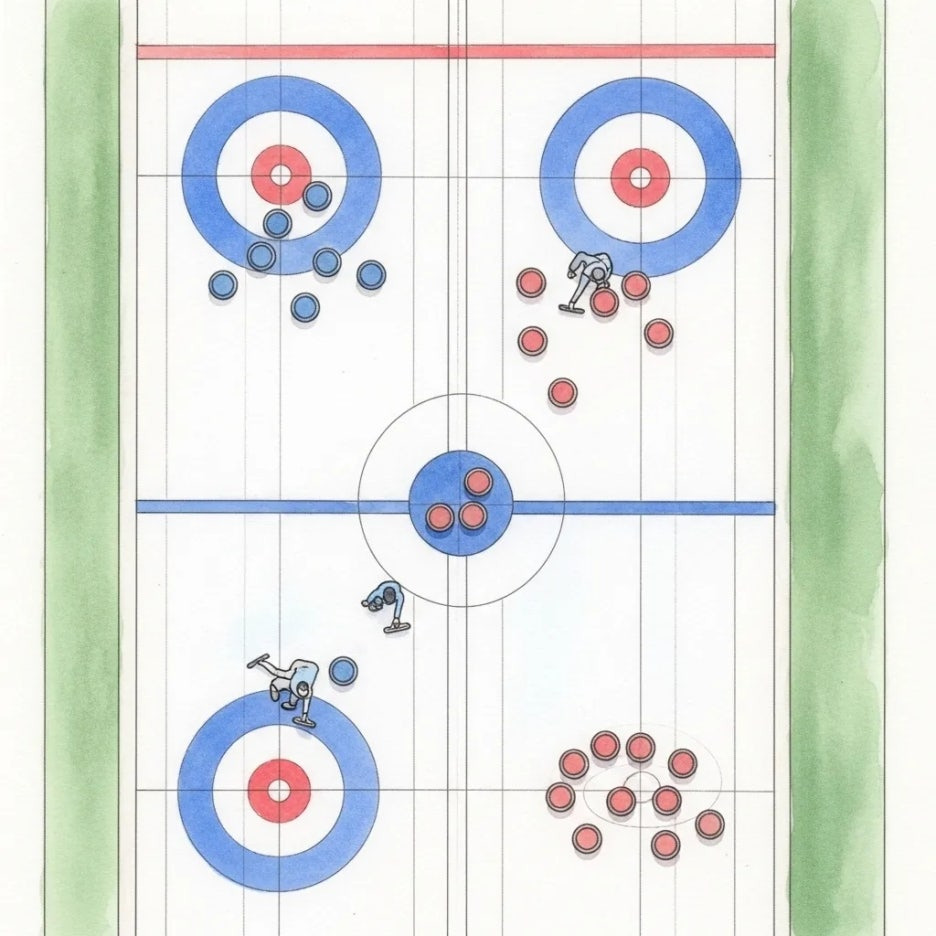 컬링 시트 위에서 진행되는 경기 전체 풍경
