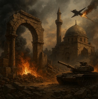 불타는 폐허 속 고대 유적과 탱크, 전투기의 공습으로 무너진 전쟁 중 유산 파괴 장면