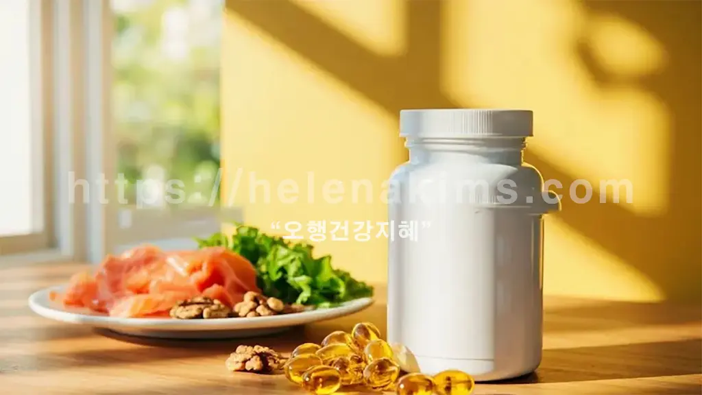 하얀 접시에 연어, 견과류, 싱싱한 채소가와 건강 식품 보조제 병이 있는 모습.