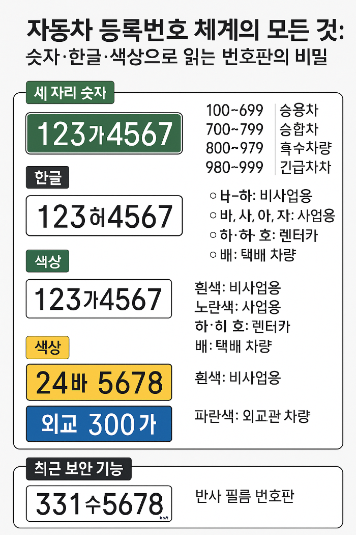 자동차 등록번호, 번호판 색상, 차량 종류, 번호판 체계, 렌터카, 전기차 번호판, 반사 필름 번호판, 차량 용도 구분, 차량 등록 시스템, 자동차 정책