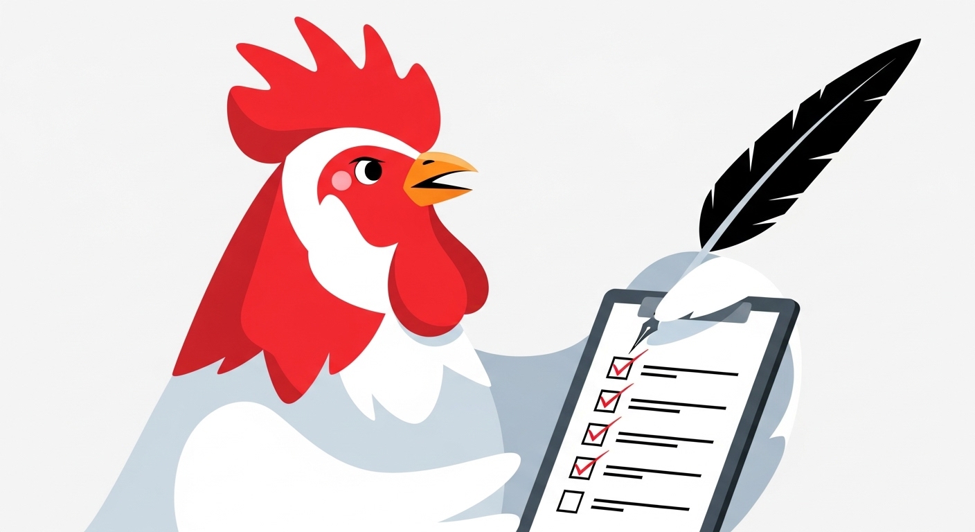 체크리스트를 꼼꼼히 확인하며 마무리하는 닭띠 캐릭터 일러스트