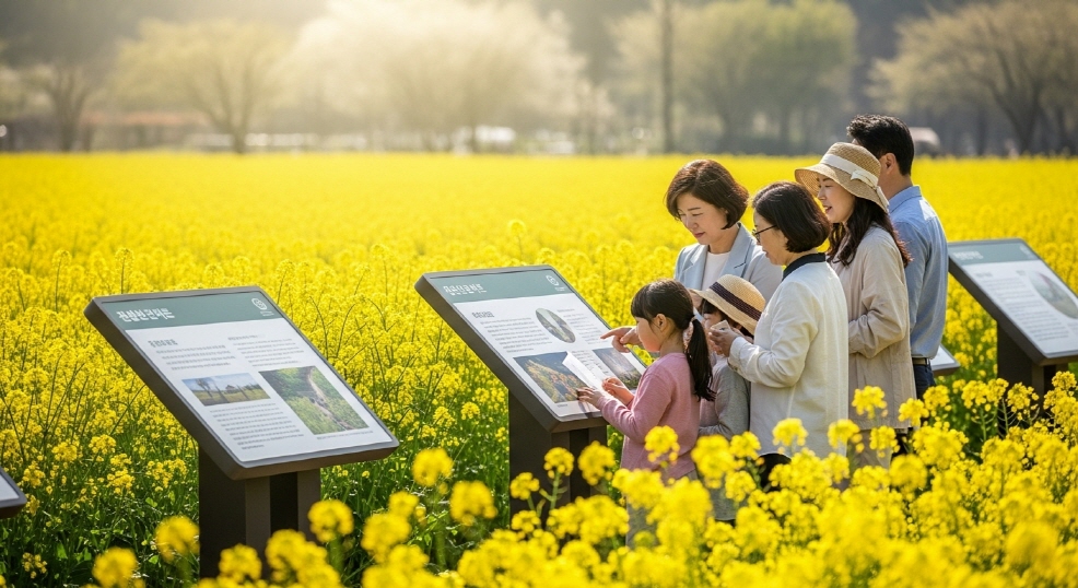 유채꽃 밭에 설치된 포스터를 읽는 사람들