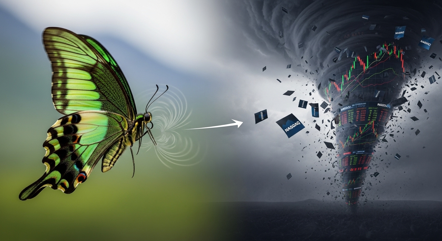 A butterfly (Greenland issue) flapping its wings, causing a giant tornado (Nasdaq crash) on the other side, sweeping away stock charts.