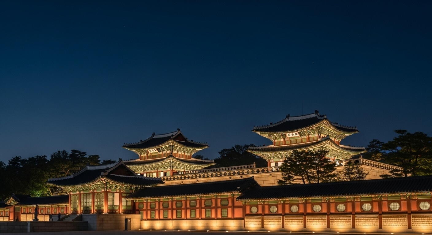 밤하늘을 배경으로 한 궁궐 전각의 전체 전경