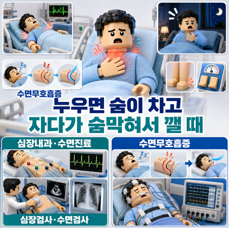 누우면 숨이 차고 자다가 숨막혀서 깰 때 심장내과·수면진료와 심장검사·수면검사를 설명한 이미지