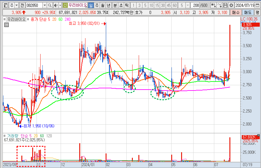 우리바이오 주가 일봉 차트 분석