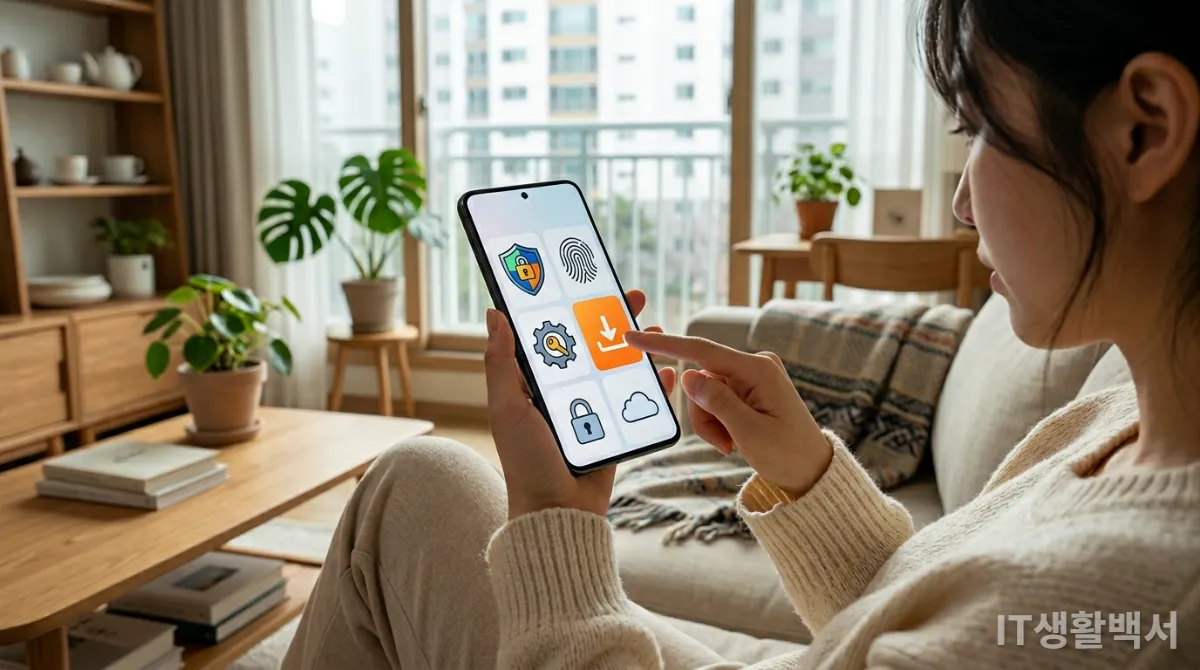 스마트폰 화면에 보안 설정 메뉴가 표시되고 손가락이 터치하는 모습