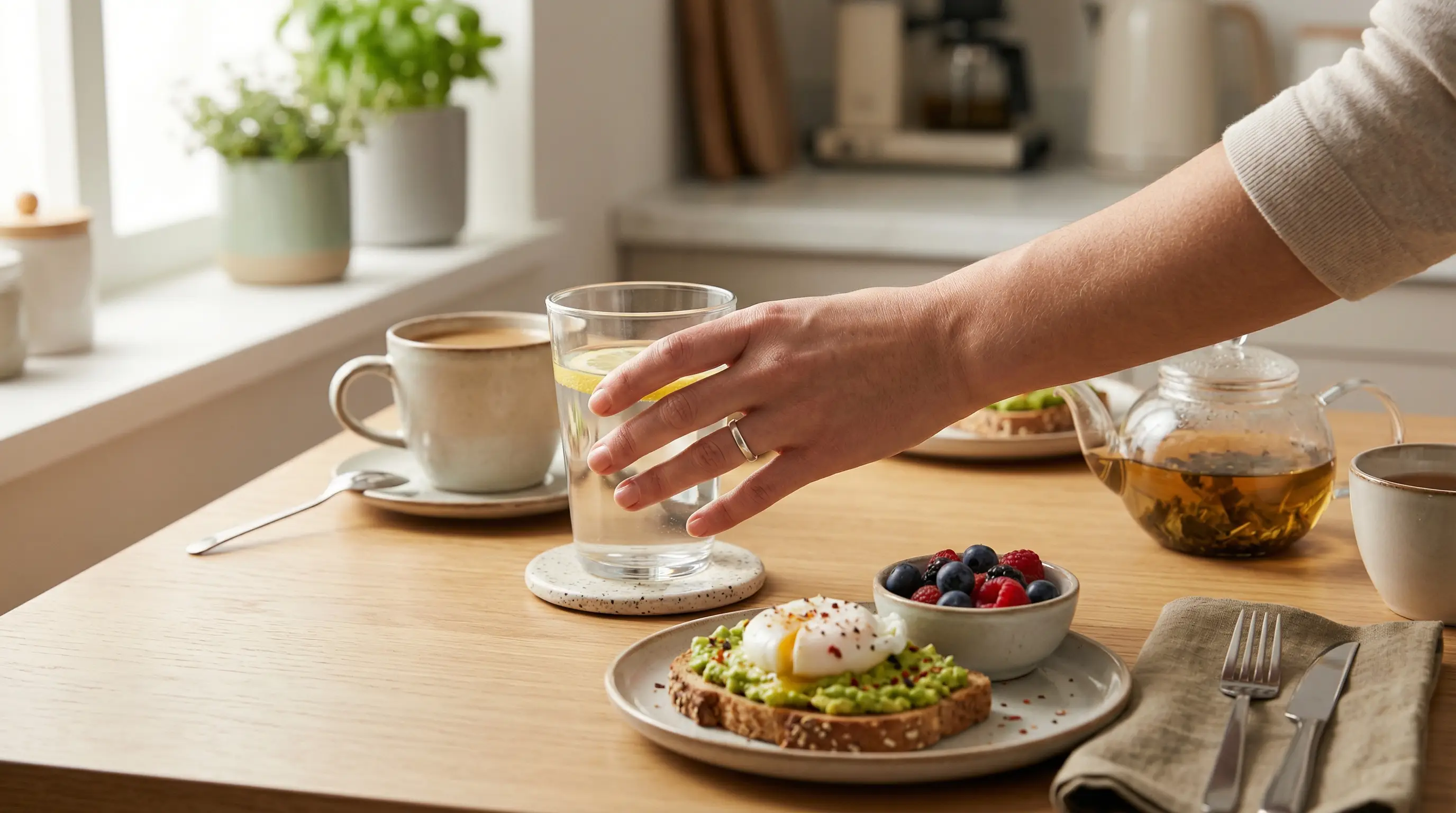 혈당 관리를 위해 아침 음료 선택을 바꾸는 실천 장면