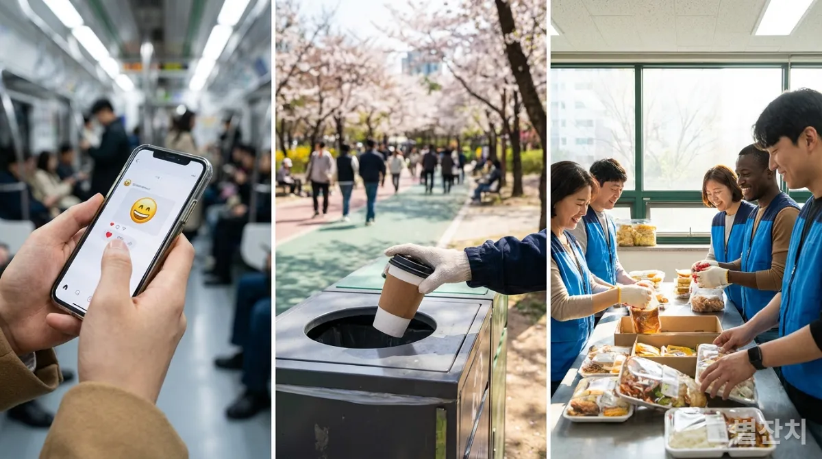 한국의 일상생활에서 긍정적인 댓글 달기, 쓰레기 줍기, 봉사 활동 등 작은 선행들이 이루어지는 모습