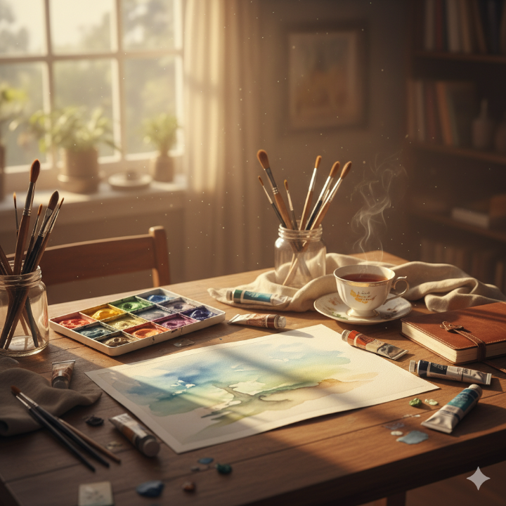 물감과 붓이 놓여있는 책상 위, 따뜻한 햇살이 비추는 감성적인 이미지