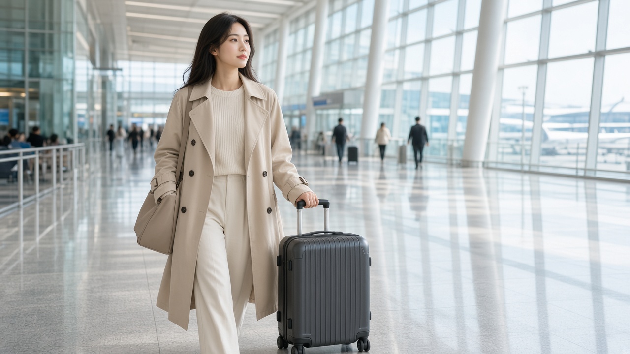 공항 출국장에서 기내용 캐리어를 끌고 걷는 20대 한국인 여성 여행자