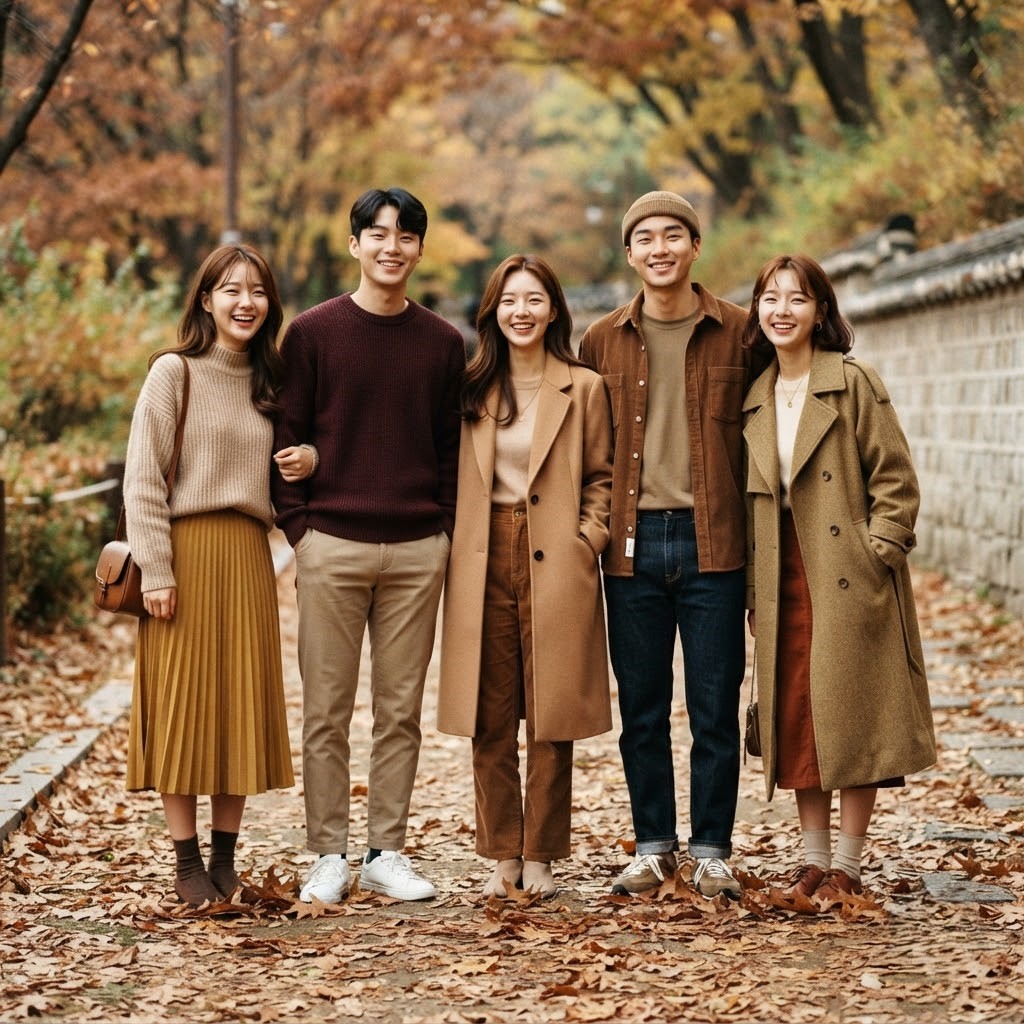 Flat lay or styled shot of autumn clothing items in earth tones &mdash; camel sweater, brown trousers, beige cardigan, khaki jacket, burgundy scarf, mustard accessory &mdash; arranged together, warm natural lighting, minimal aesthetic background