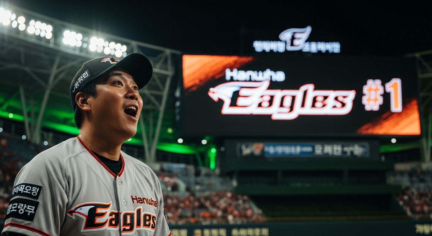 한화 이글스가 1위를 차지한 AI 예측을 보고 놀라 기뻐하는 한화 팬.