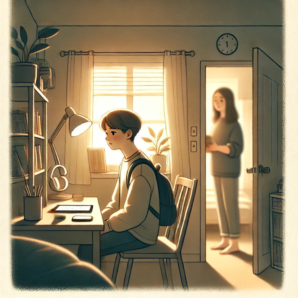 우울하게 책상에 앉아있는 남학생과 방문너머 바라보는 엄마 이미지