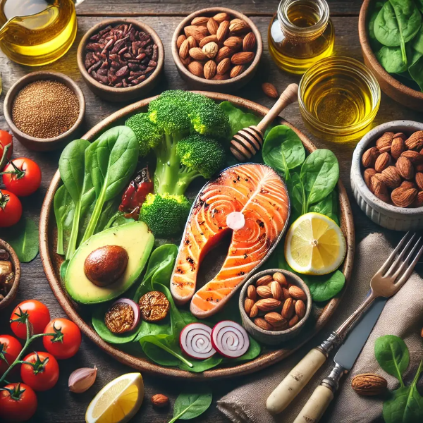 연어, 아보카도, 견과류 등 혈관 건강을 위한 식단 정물 이미지