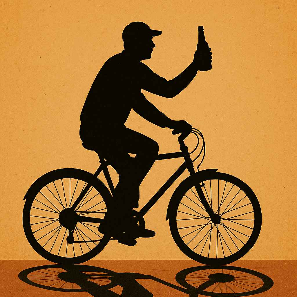 술병을 든 채 자전거를 타는 남성의 실루엣 이미지