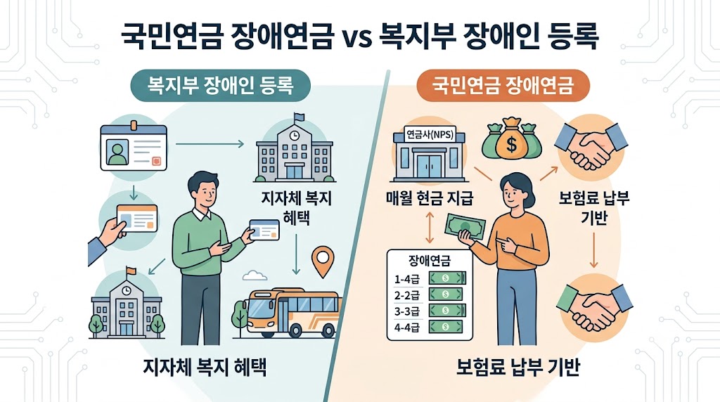 국민연금 장애연금과 복지부 장애인 등록 차이 비교 인포그래픽