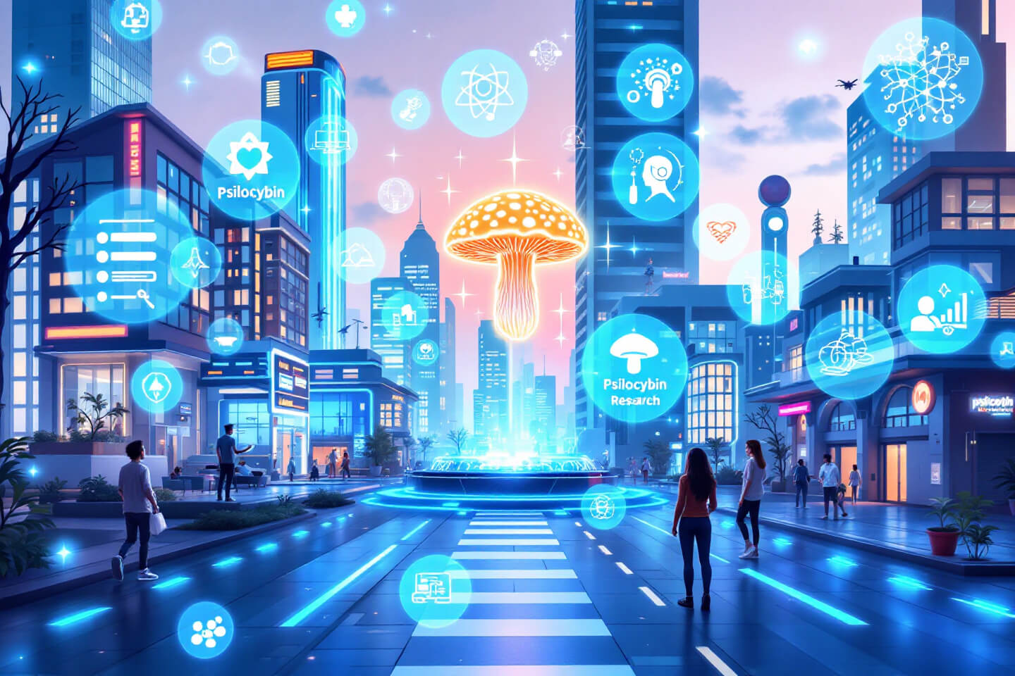 A futuristic cityscape with a glowing, holographic mushroom in the center surrounded by digital icons for research, technology, and mental health, representing psilocybin’s role in the future of medicine.